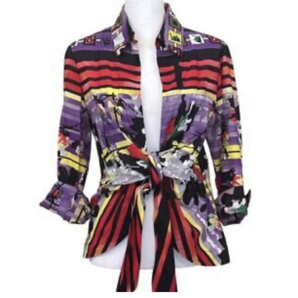 Mischa black/red print top eclectic bold colorful artisan bohemian Sz L‎ EUC 90s